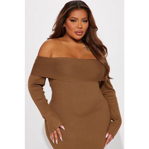 NWT Fashion Nova Tamara Camel Ribbed Knit Sweater Maxi Bodycon Dress Size XL - Picture 2 of 16
